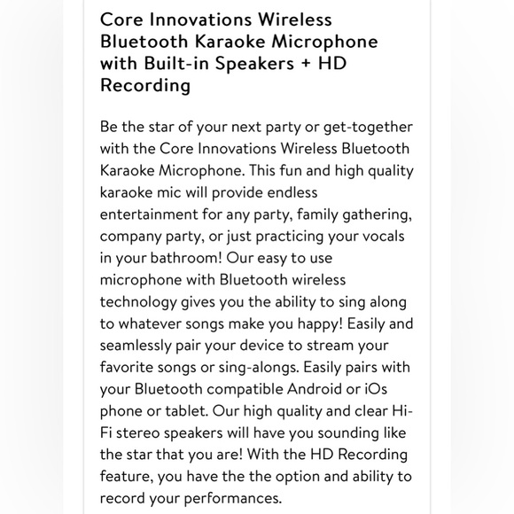 Core Innovations Wireless Bluetooth Karaoke Microphone w/Built-in Speakers NEW!! - Picture 5 of 10
